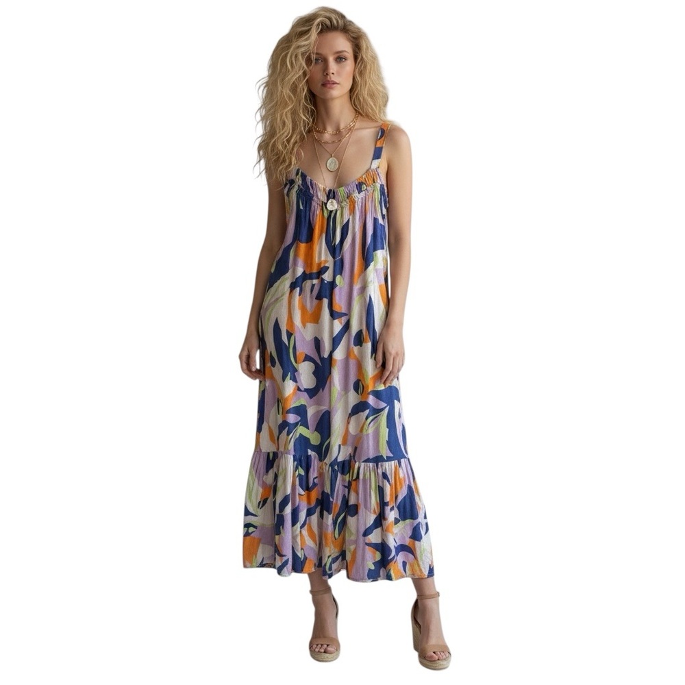 Goa Abstract Floral Tiered Midi Dress Purple Orange XS